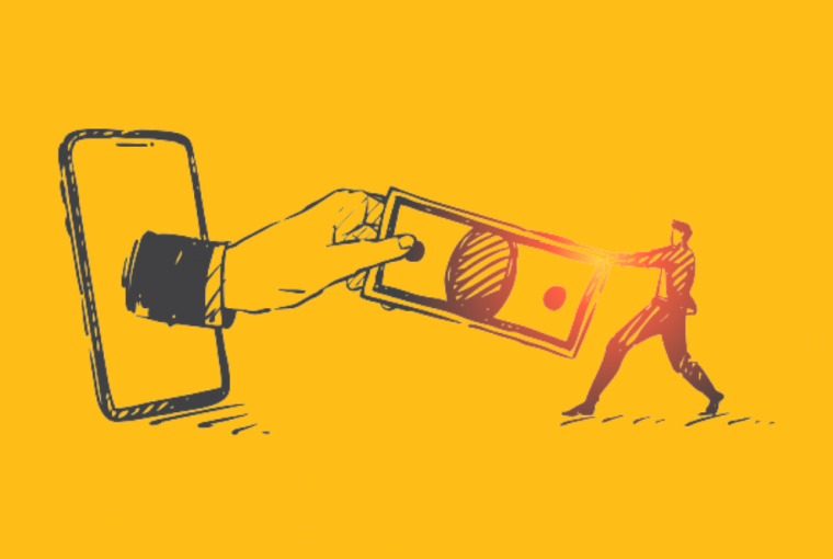 desenho de mão saindo de uma tela de celular e estendendo uma nota de dinheiro para um homem