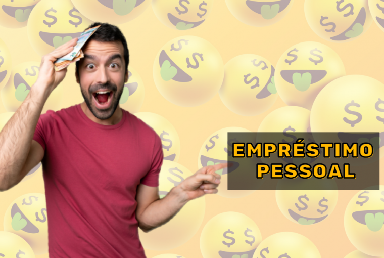 Homem segurando dinheiro e indicando a frase na imagem: "empréstimo pessoal"