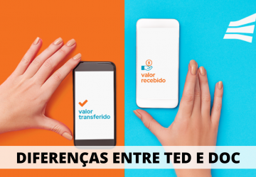 mão segurando dois celulares, um escrito valor transferido e outro valor recebido com a frase acima diferença entre TED e DOC