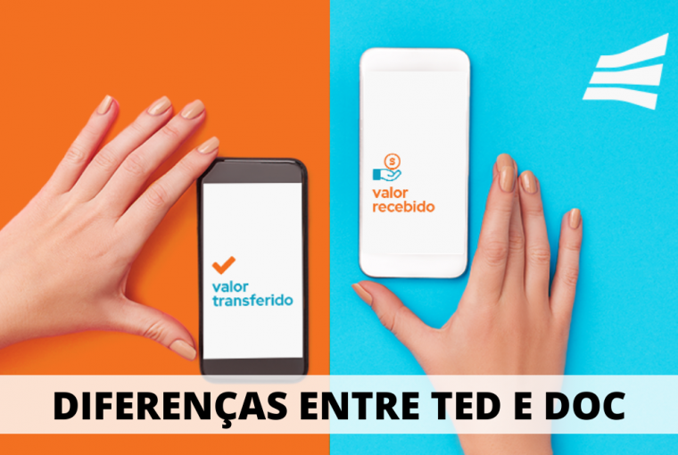 mão segurando dois celulares, um escrito valor transferido e outro valor recebido com a frase acima diferença entre TED e DOC