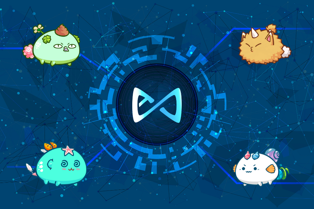 Símbolo do token axie infinity axs em círculo digital com tema futurista de criptomoeda sobre fundo azul