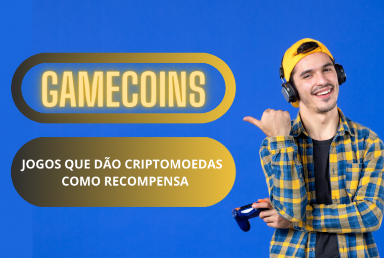 Vista frontal de um jogador sorridente com gamepad em uma parede azul simulando a felicidade de ganhar dinheiro com os jogos de criptomoedas