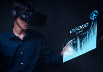 Homem de negócios usando óculos de realidade virtual metaverso para o mundo virtual, mostrando o crescimento dos negócios em gráfico de barras