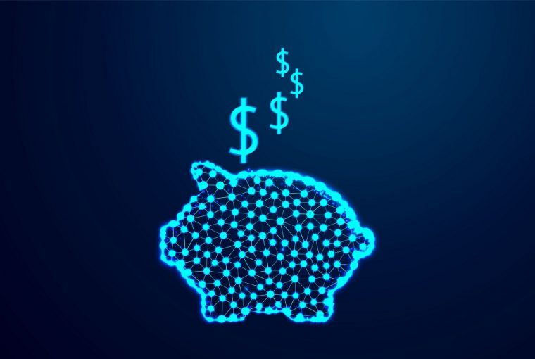 close-up de dinheiro em dinheiro dólar e cofrinho resumo poli baixo polígono de linha de ponto triângulo brilhar simbolizando uma poupança digital de criptoativos