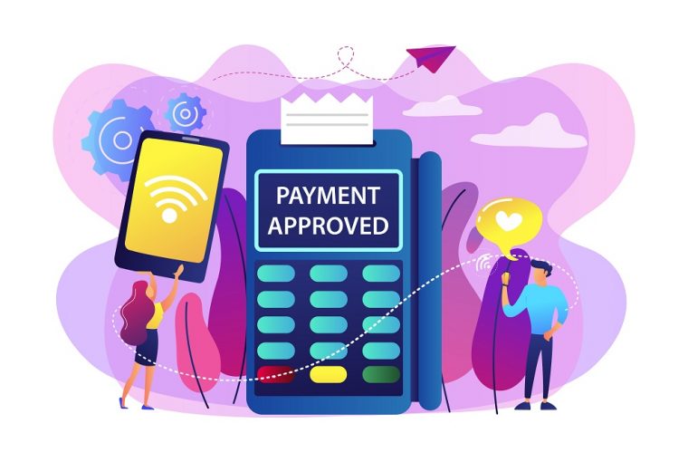 ilustração gráfica de Mulher de negócios que faz o pagamento sem contato pelo celular, utilizando conexão NFC, simbolizando o pagmento por aproximação